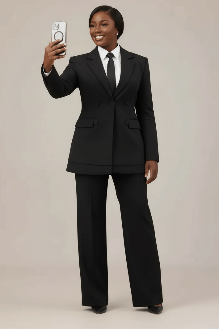 Person wearing a black suit taking a selfie on a plain background