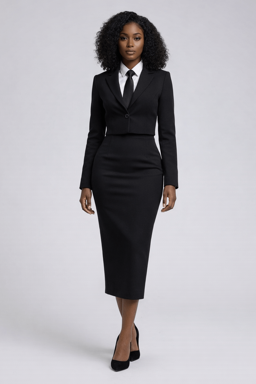 Woman wearing a black suit on a white background