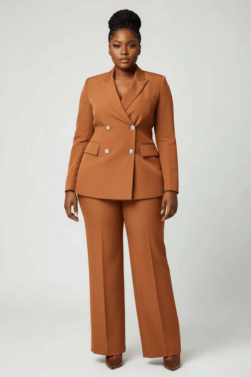 Woman wearing a brown suit on a white background
