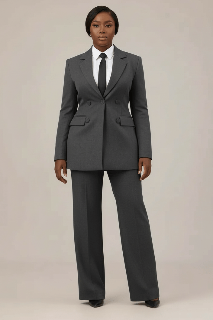 Person wearing a gray suit with a white shirt and black tie on a beige background