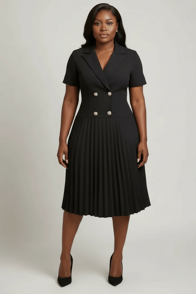 Woman wearing a black dress with gold buttons on a white background