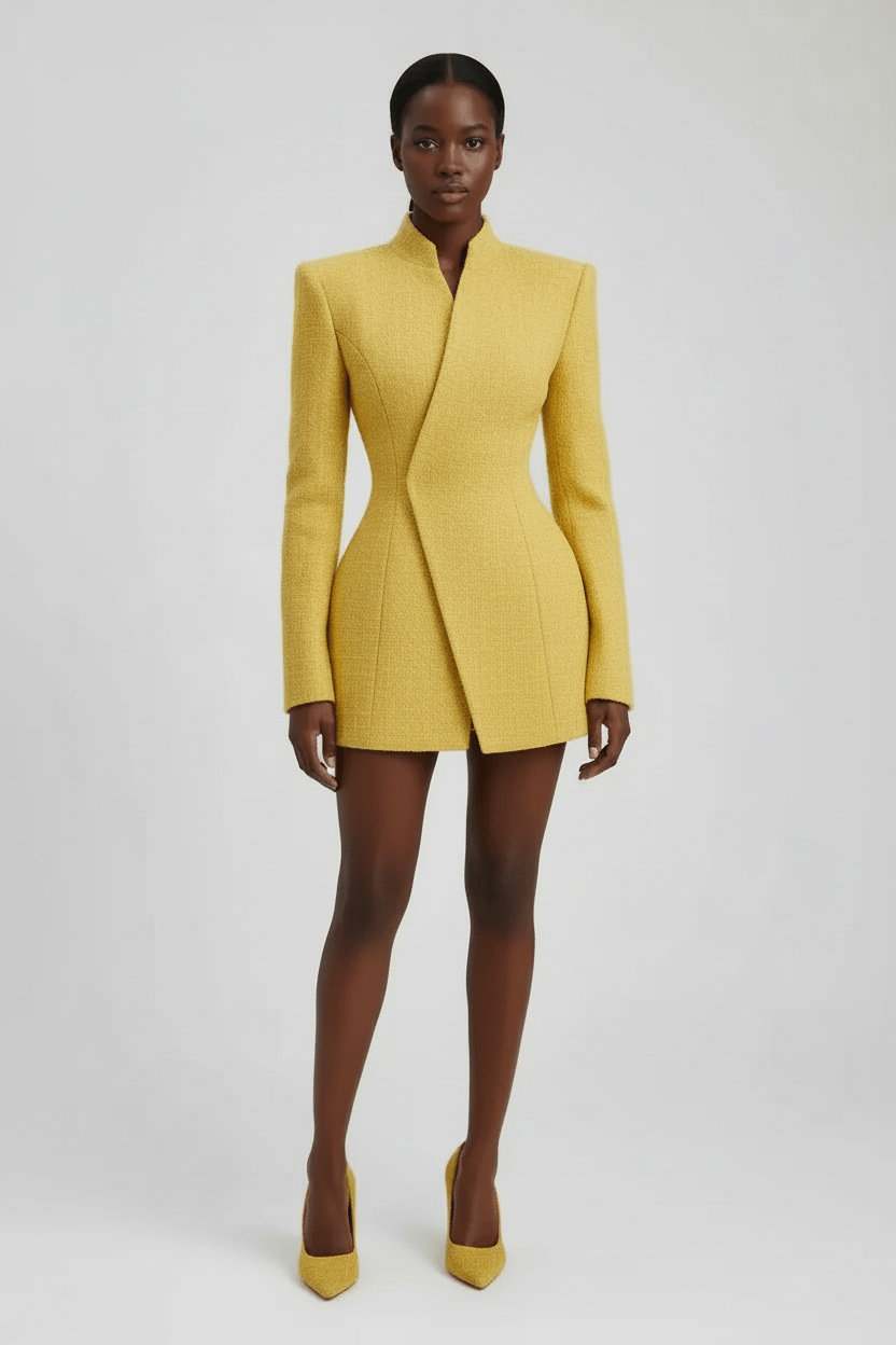 Woman wearing a yellow blazer dress on a white background