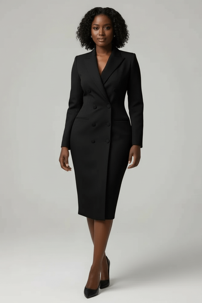 Woman wearing a black suit on a white background