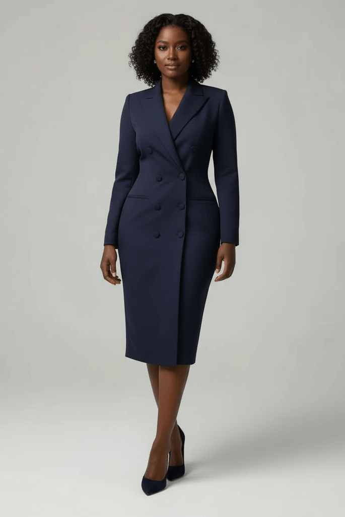 Woman wearing a navy blue suit on a white background