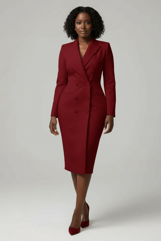 Woman wearing a red suit on a white background