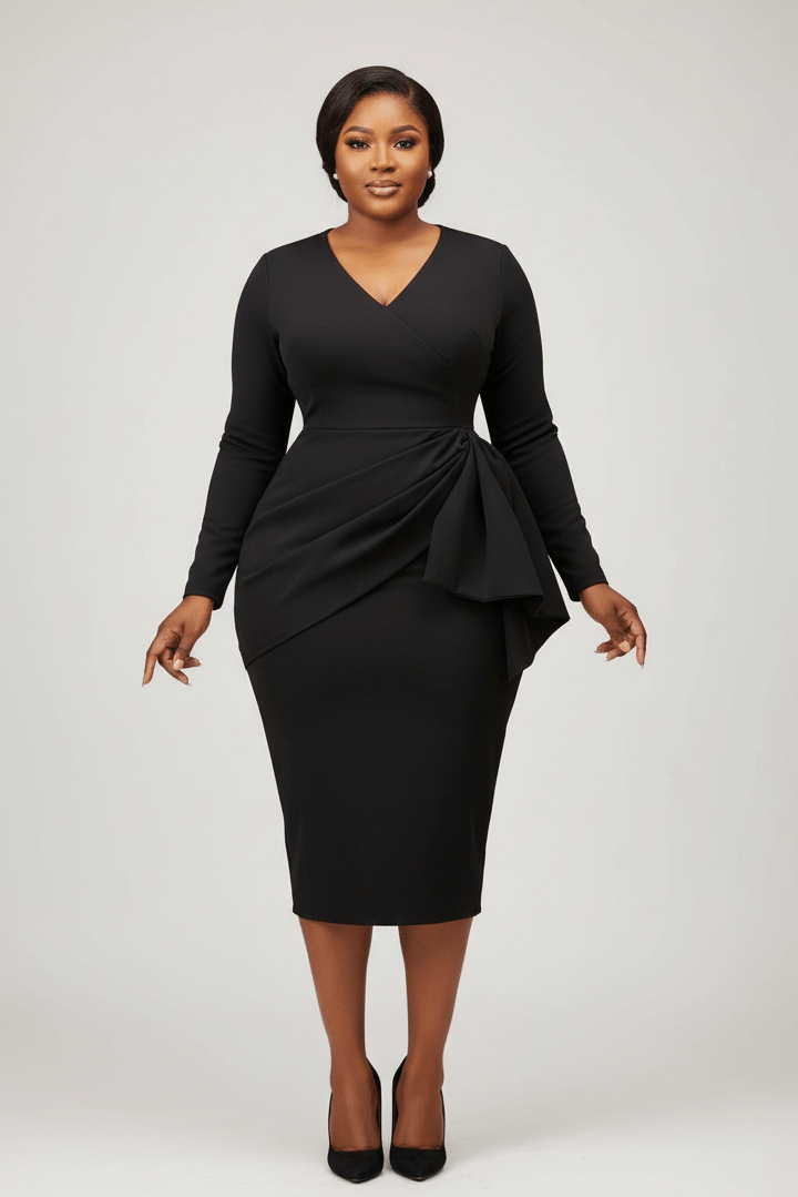 Woman wearing a black dress with a ruffled detail on a white background