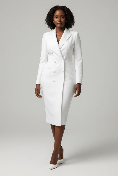 Woman wearing a white suit on a gray background