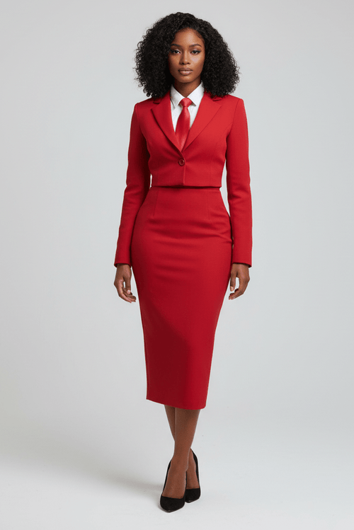 Woman wearing a red suit on a white background