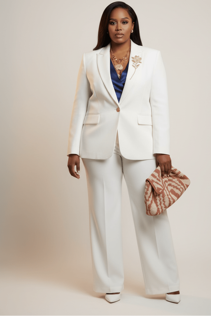 Woman in a white suit holding a clutch against a plain background