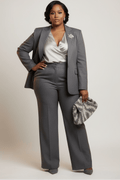 Woman in a gray suit with a white blouse, holding a patterned handbag against a plain background