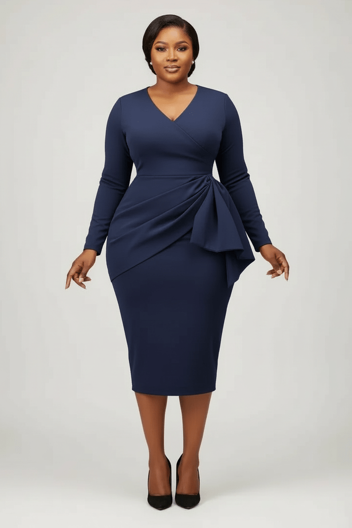 Woman wearing a navy blue dress with a ruched design on a white background