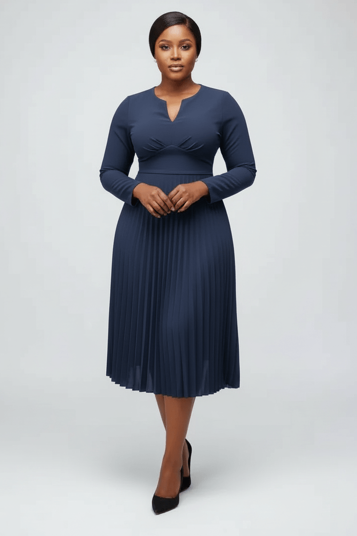 Woman wearing a blue dress on a white background
