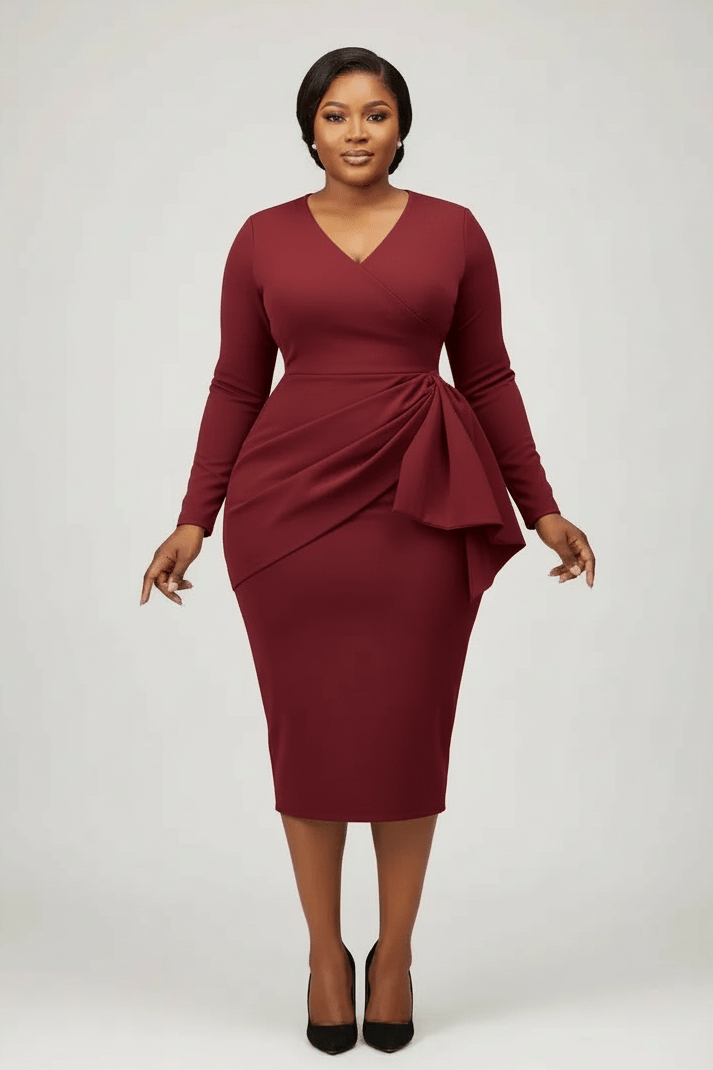 Woman wearing a burgundy dress with a ruched detail on a white background