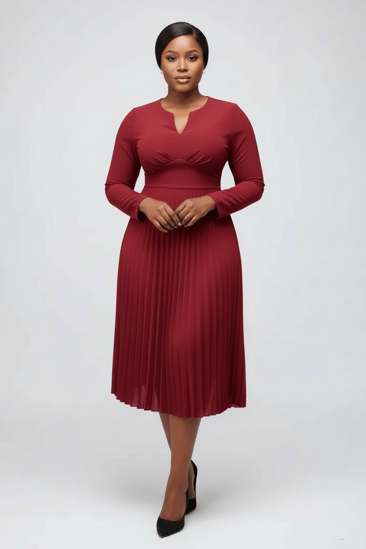 Woman wearing a red dress on a white background
