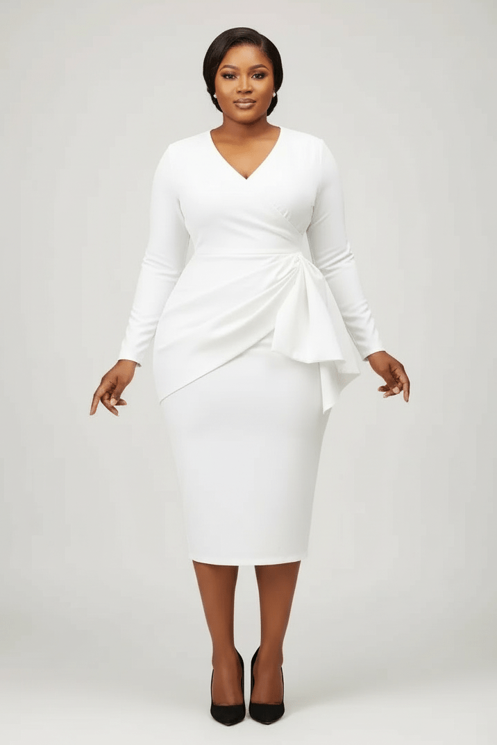 Woman wearing a white dress with a V-neck and long sleeves on a plain background